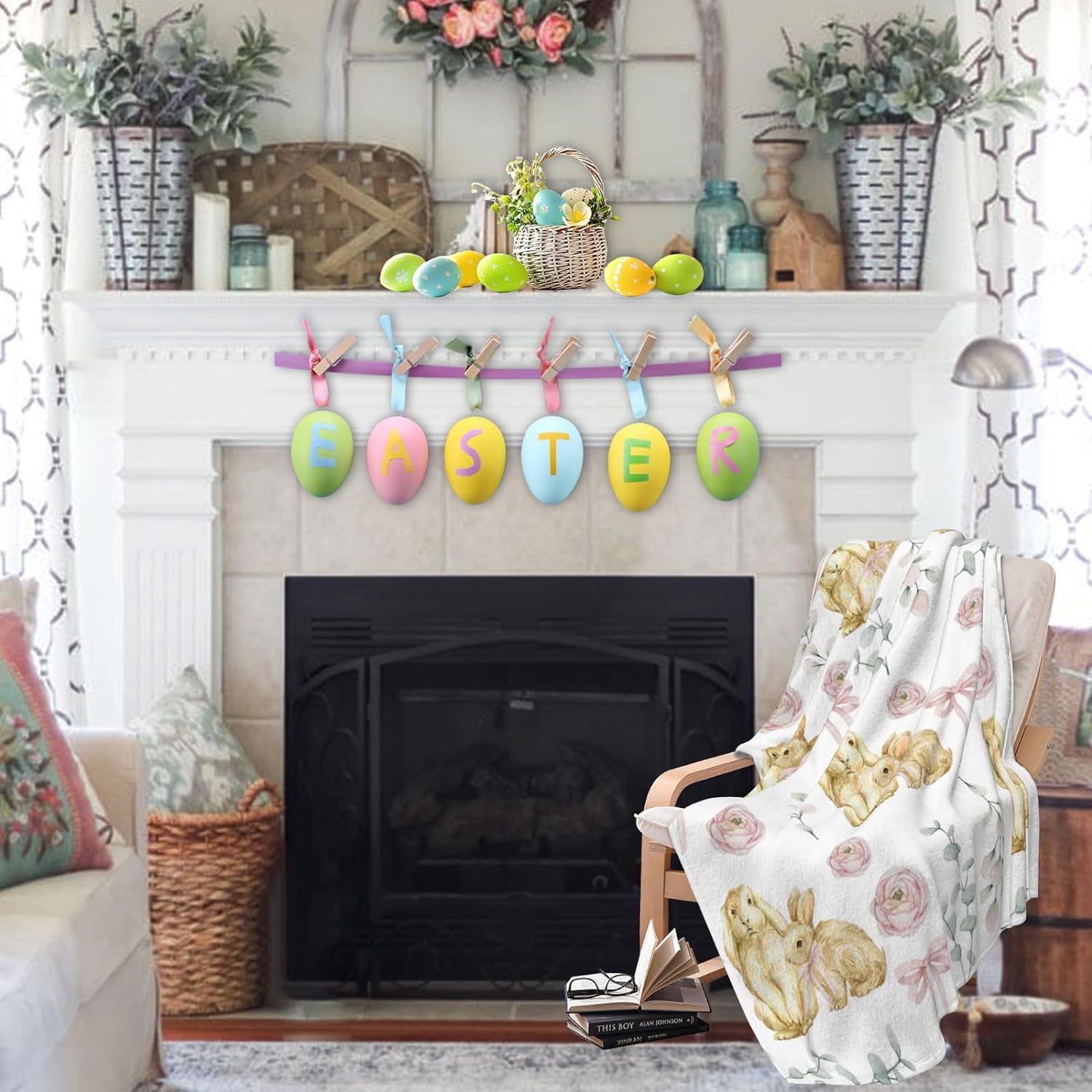 Luxury Plush Easter Blanket Cute Bunny Pink Bud Bow Tie Eucalyptus Leaves Throw Blanket for Couch,Lightweight Soft and Warm Throws Blankets for Sofa Bed Living Room in Spring 40"x50"