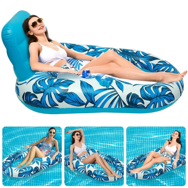 Inflatable Float Raft Water Lounger Thick Pool Float Lounge Inflatable Recliner Raft with Drink Holder and Backrest Soft Swimming Pool Floating Chair for Adults