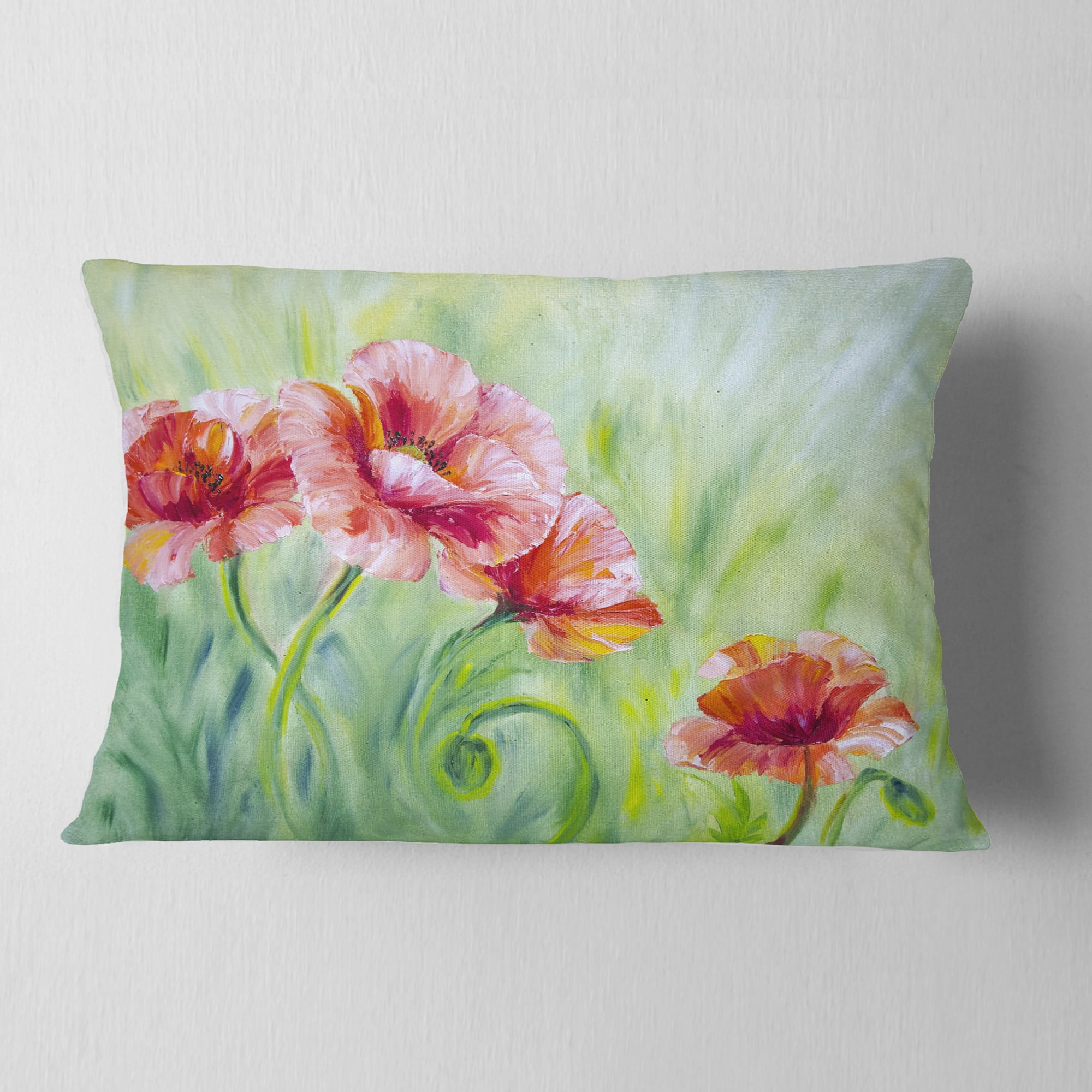 Designart Pale Red Poppies - Floral Throw Pillow - 12x20