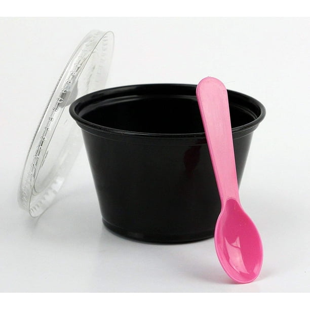 Disposable Black 4oz Plastic Condiment Cups with Lids and 3' Sampling