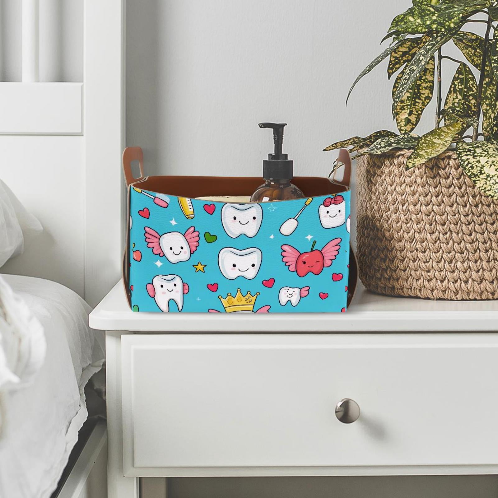 Wing Tooth Storage Basket Collapsible Storage Bin, PU Foldable Basket Convenient Box Storage Organizer with Handles for Shelves Office Bedroom Closet Nursery Toys Laundry