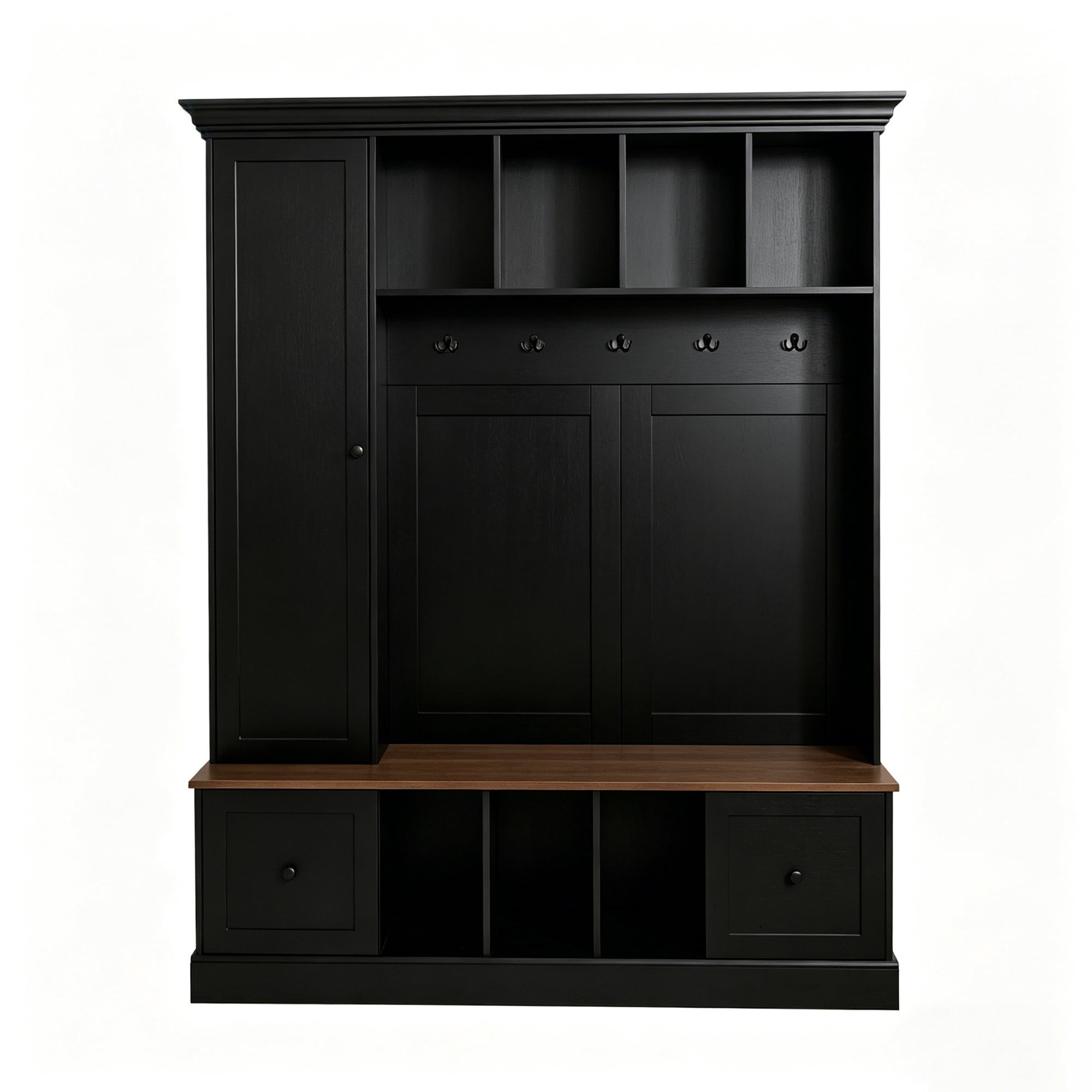Mintazer Farmhouse Hall Tree with Bench and Shoe Storage, Adjustable Shelf Cabinet with Coat Rack, Hooks & Drawers for Hallway, Entryway, Black