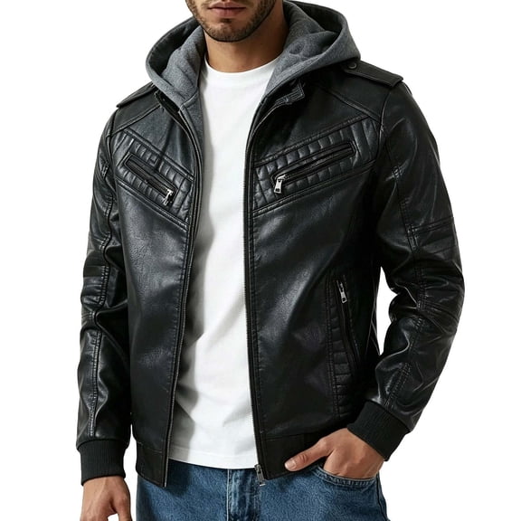 WIZUTIZ Men's Leather Jacket Solid Color Motorcycle Vintage Zipper Pocket Long Sleeve Hoodless PU Coat for Winter Casual Daily Outdoor Mens Fashion