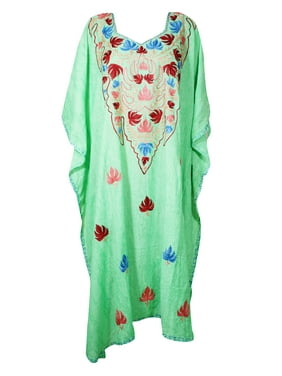 Mogul Women Green Floral Embroidered Maxi Kaftan Dress Kimono Embellished Bohemian House dress Long Caftan 3XL