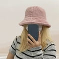 thumbnail image 3 of dianhelloya Women Winter Fisherman Hat Wide Brim Solid Color Thick Plush Flat Top Windproof Warm Decorative Foldable Lady Bucket Cap Blue, 3 of 8