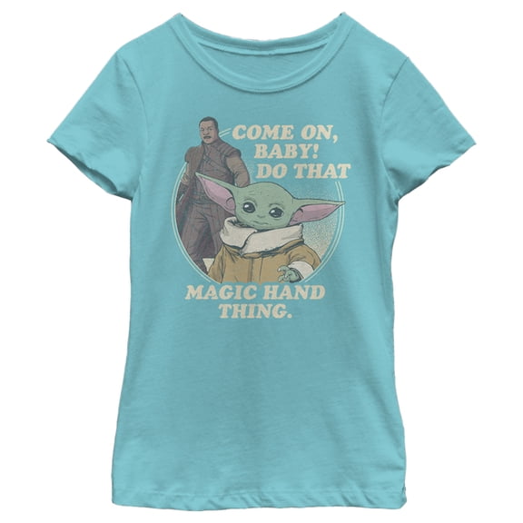 Girl's Star Wars: The Mandalorian Come on Baby Do That Magic Hand Thing  Graphic Tee Tahiti Blue X Small