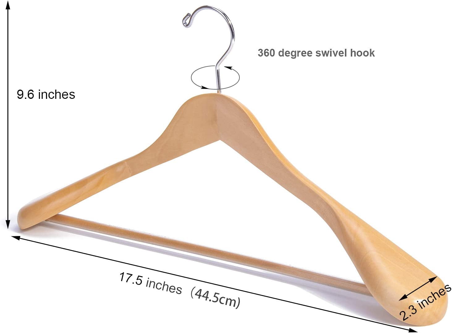 Luxury Natural Wooden Suit Hangers - 6 Pack with Glossy Finish, Extra-Wide Shoulders, 360-Degree Swivel Hooks and Anti-Slip Bar with Screw