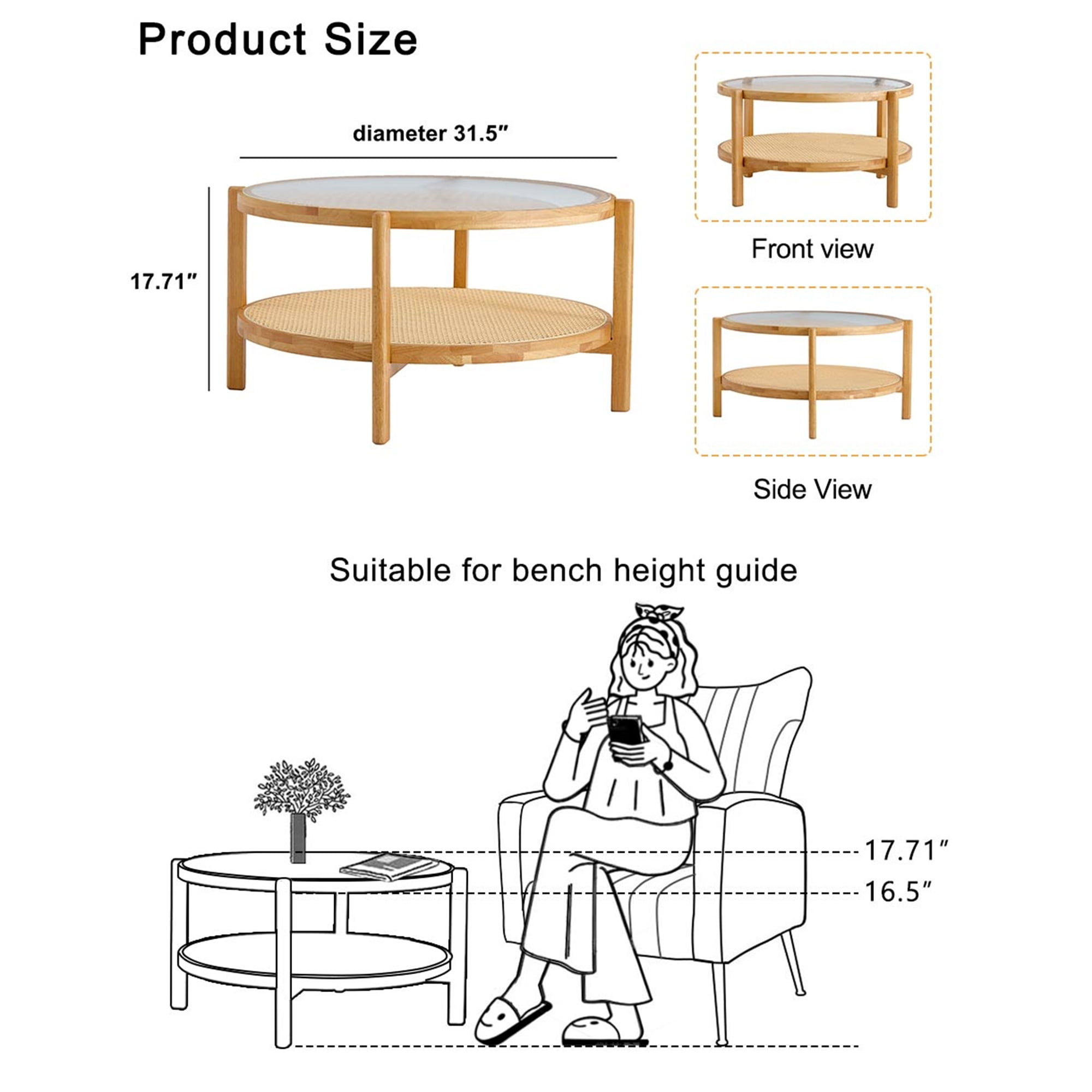 Kepooman 2-Tier Coffee Table, Round Tea Table with Solid Wood Frame and Pe Rattan, Modern Glass Sofa Center Table for Living Room, Natural Wood