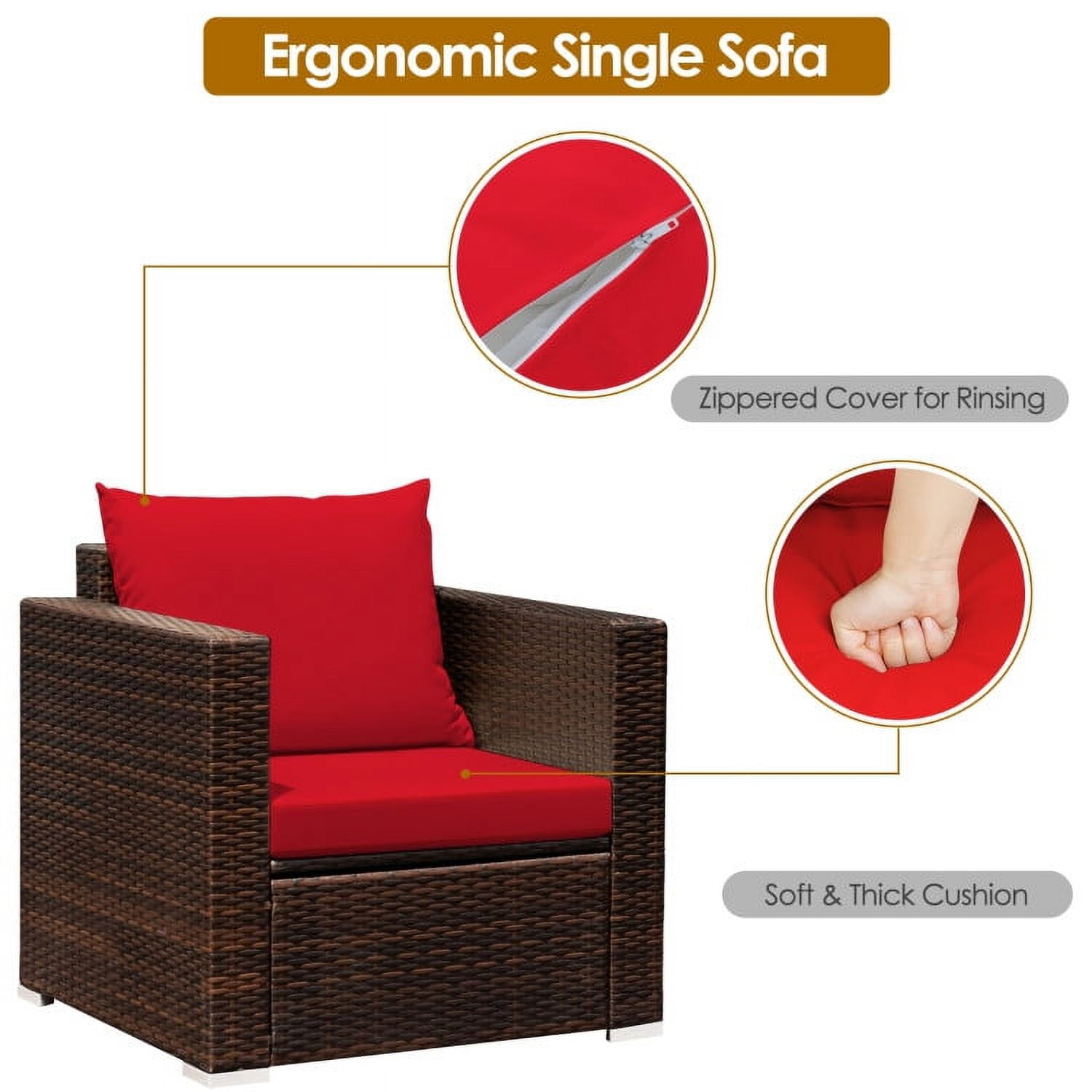 Aimee Lii 3 Pieces Patio Rattan Furniture Bistro Sofa Set with Cushioned, Modern Patio Furniture, Red Aimee Lii 3 Pieces Patio Rattan Furniture Bistro Sofa Set with Cushioned, Modern Patio Furniture, Red