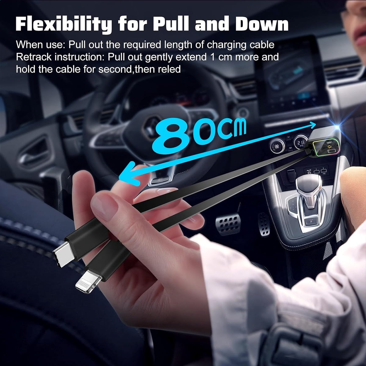 4 in 1 Retractable Car Charger with Projection Star Light, Car Accessories, 2 Fast Charging cables&Dual Charge Port Compatible with iPhone/iPad/AirPods, Samsung Series, Electronic Retract
