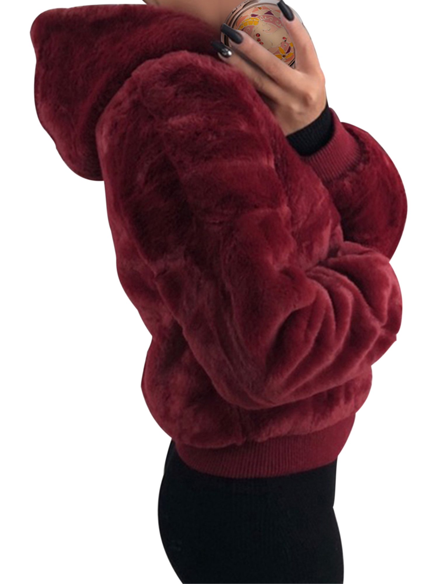 Vintage Women Faux Fleece Coat Jacket Hooded Outwear Ladies Winter Fashon Crop Zipper Coat Sweatshirt Sweater Long Sleeve Coat Fleece Warm Jacket Outwear - image 3 of 5