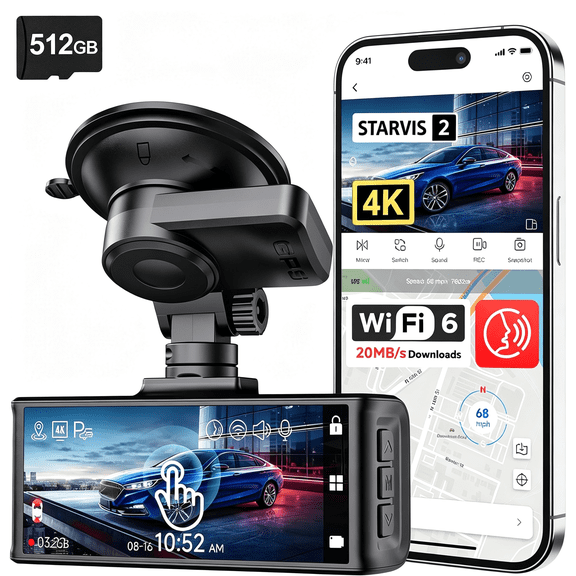 4K STARVIS 2 Dashcam Front Rear, 5GHz WiFi 20MB/s, Free 512GB Card Voice Control, Touch Screen, GPS, Loop Recording, Parking Mode, Audio Recording, WDR Night Vision, Supercapacitor