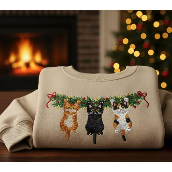 Christmas Cats Embroidered Sweatshirt, Funny Holiday Cat Lover Crewneck, Cozy Festive Gift for Pet Lovers