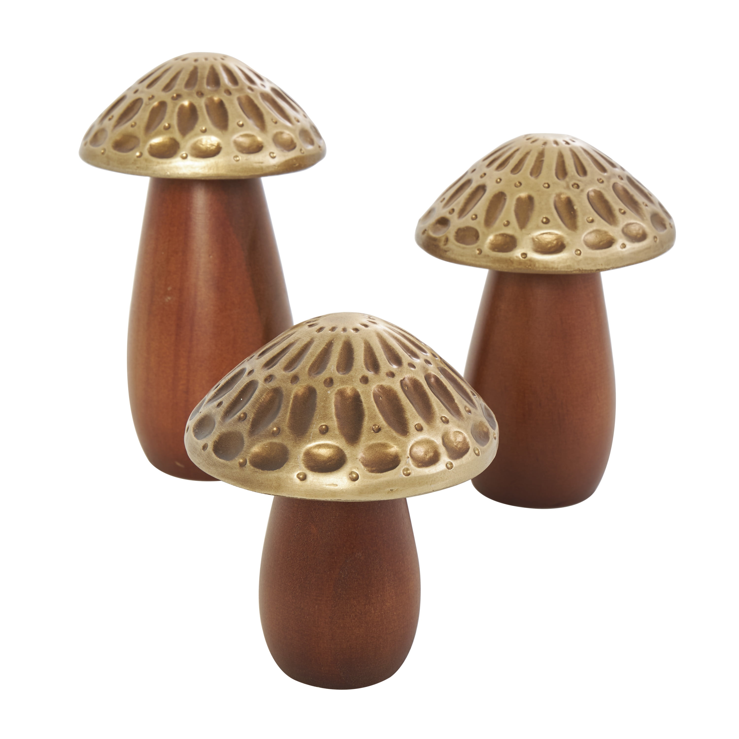 7", 6", 5"H Brown Wood Mushroom Sculpture with Gold Tops and Groove Patterns, by DecMode (3 Count)