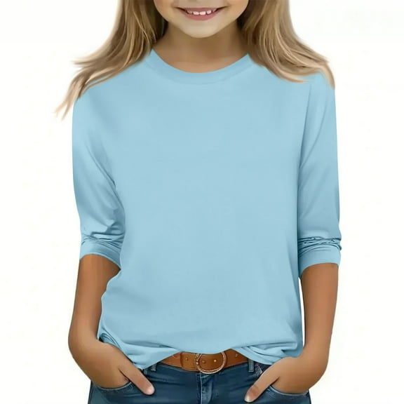TQWQT Girls 3/4 Sleeve Shirts Fall Sky Blue Shirts Size 10-12 Cute Girls Tops Trendy Kids Crew Neck T Shirts Basic Tween Girls Clothes 9-10 Years
