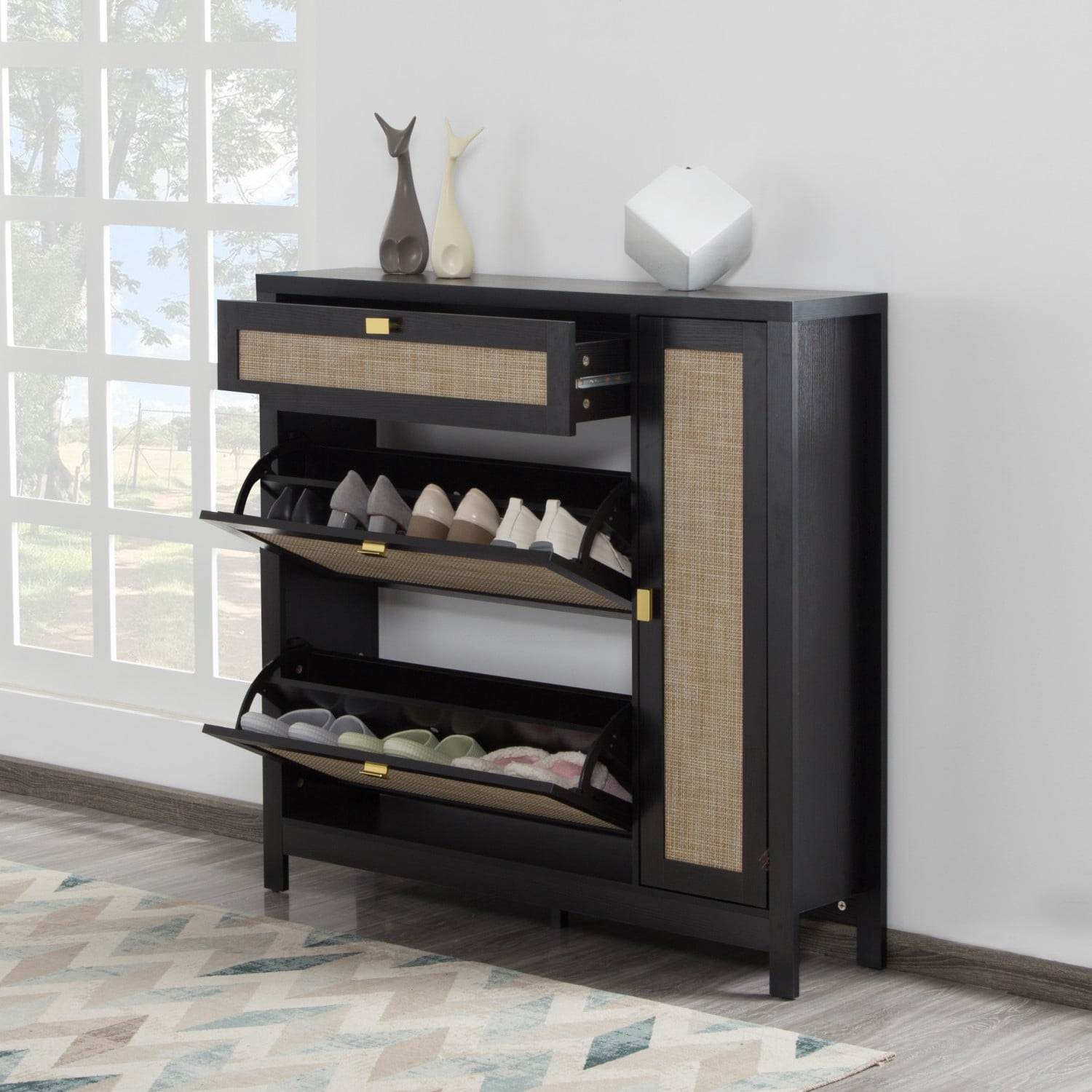 Gewnee Storage Cabinet with 2 Flip drawers With Side Cabinet Entryway,Shoe Storage Cabinet Wooden Hidden Freestanding Shoe Rack Organizer for Hallway, Living Room