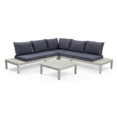 Hexagon Shaped Patio Furniture Augusta Outdoor 5 Seater V Shaped Acacia Wood Sectional Sofa Set with Cushions, Weathered Gray and Dark Gray ()