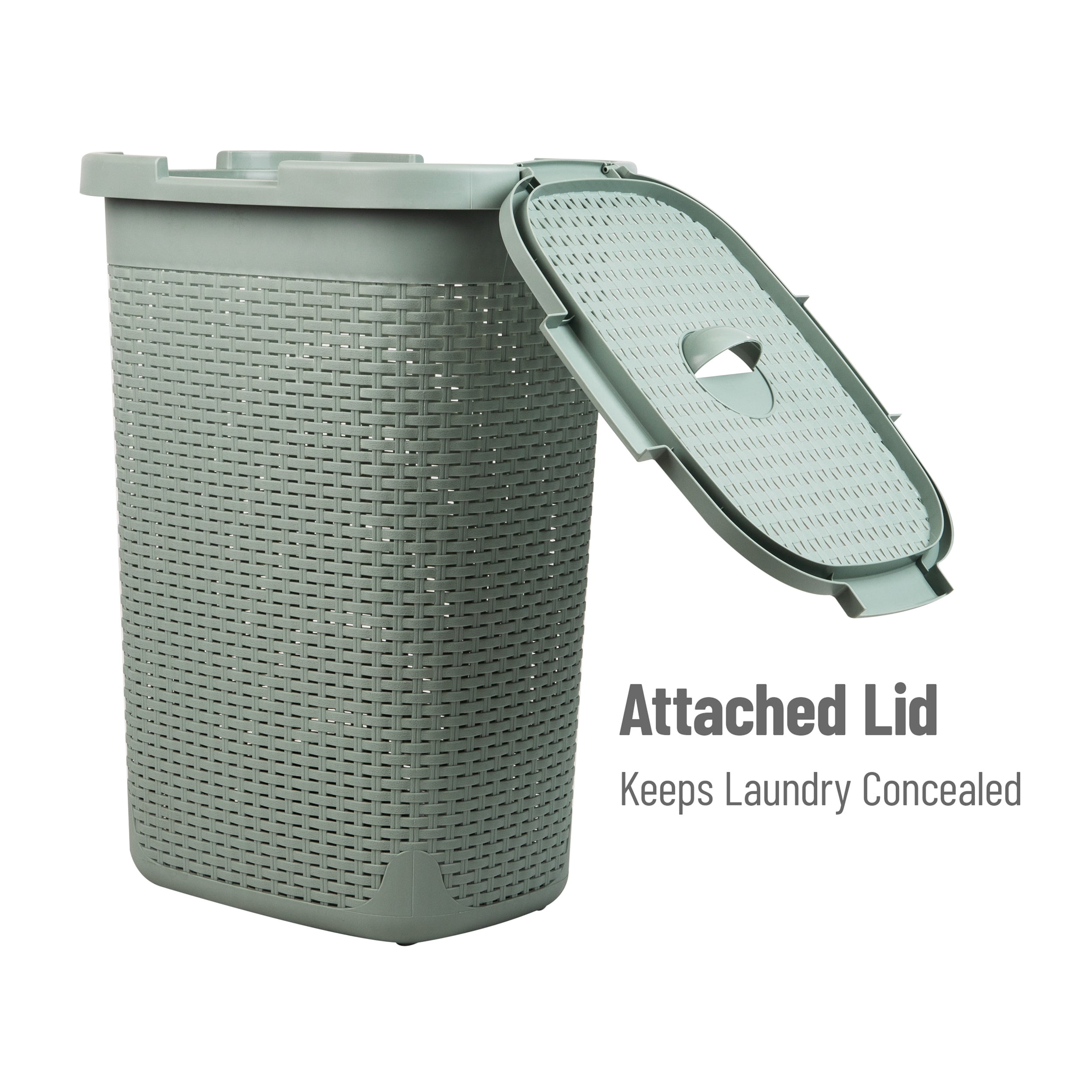 Mind Reader 60L Slim Laundry Hamper, Clothes Basket, Lid, Wicker Design, Plastic, Mint