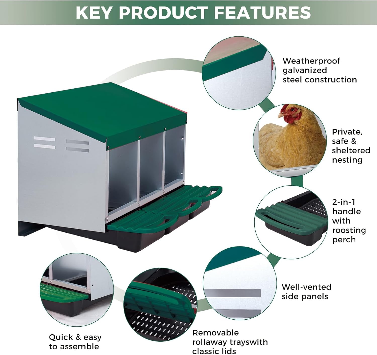 Sunvasagoo Zinc Alloy Chicken Nesting Box, 3/4 Hole Roll Away Egg Laying Box w/ Removable Tray, Wall Mount or Freestanding