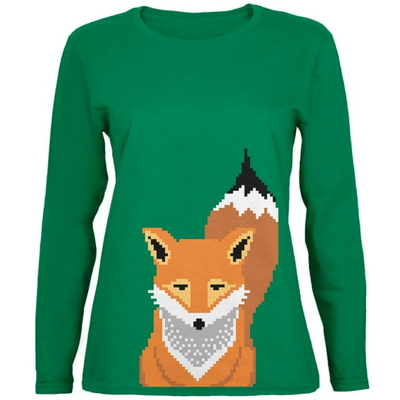 Winter Pixelated Fox Green Womens Long Sleeve T-Shirt - Small