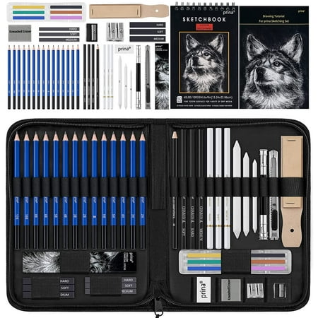 Prina 50 Pack Drawing Set Sketch Kit Sketching Supplies with 3-Color Sketchbook Graphite and Charcoal Pro Art Drawing Kit for Artists Adults Teens Beginner Kid Ideal for Shading