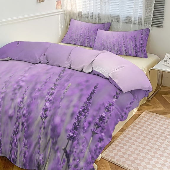 Purple Lavender Pattern Duvet Cover Set Themed Multicolor Polyester Bedding Set for Bedroom Decoration