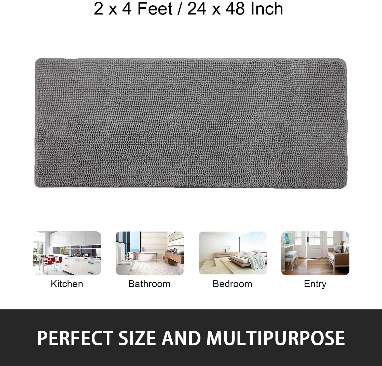 Bath Rugs 24'' x 48'' Bathroom Rug, Soft Luxury Chenille Bathroom Mats, Non-Slip and Absorbent Throw Rugs for Bath Tub, Plush Microfiber Shower Rug Machine Washable Floor Carpet, Grey