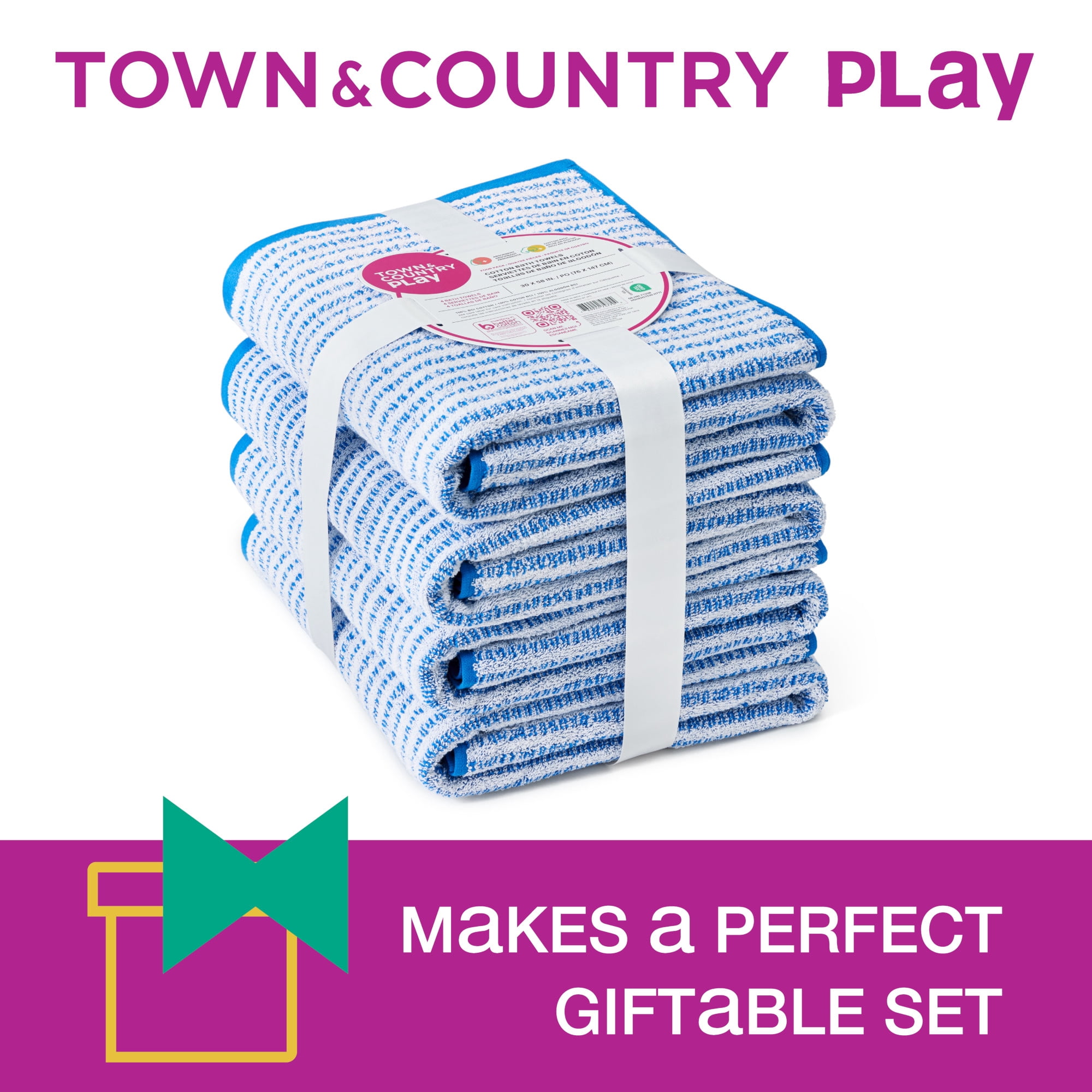 TOWN & COUNTRY PLAY 4-Piece Striped Reversible Terry Brights Bath Towel Set, 30"x58", 100% BCI Cotton, Plush & Absorbent 550GSM, Ocean Blue