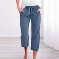 thumbnail image 2 of Moxiu Women's Capris with Pockets Capri Pants for Women Casual 2025 Summer Drawstring Elastic High Waist Linen Pant Cropped Trouser Navy,S, 2 of 8