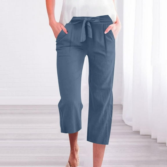 Yotami Straight Leg Pants for Women with Pocket Loose Capri Pants Elastic Waist Solid Color Cotton Linen Comfortable Capris, Navy M