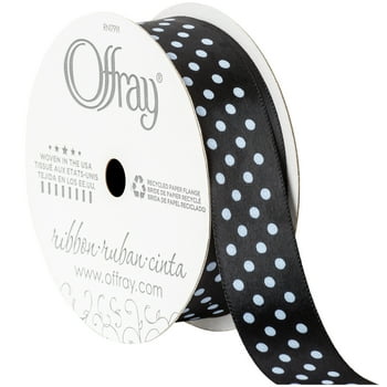 Offray Ribbon, Black with Polka Dot 7/8 inch Single Face Satin Polyester Ribbon, 9 feet