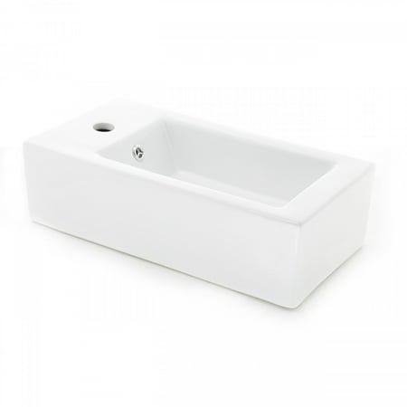 Rectangle Single Hole - Small White Wall Mount Bathroom Sink Single Faucet Hole with Overflow Ceramic