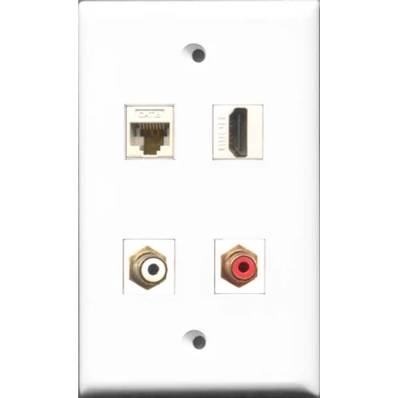 RiteAV 1 Port HDMI and 1 Port RCA Red and 1 Port RCA White and 1 Port Cat6 Ethernet White Wall Plate