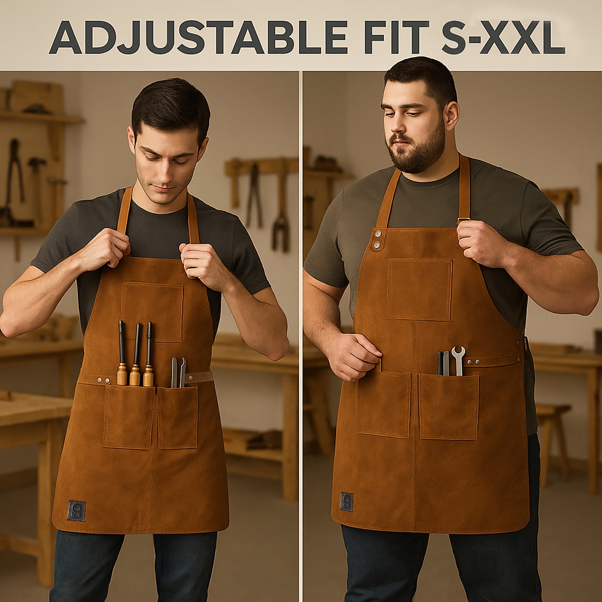 Leather Apron for Men Women with Tool Pockets, Heavy Duty Grill Work, Chef Kitchen Cooking BBQ Shop Woodworking Apron, Adjustable up to XXL by Rustic Town (Brown)