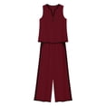 thumbnail image 6 of Women's Cotton Linen 2-Piece Outfit V-Neck Sleeveless Button Detail Top Wide Leg Pants Casual Summer Set Wine S(S), 6 of 6