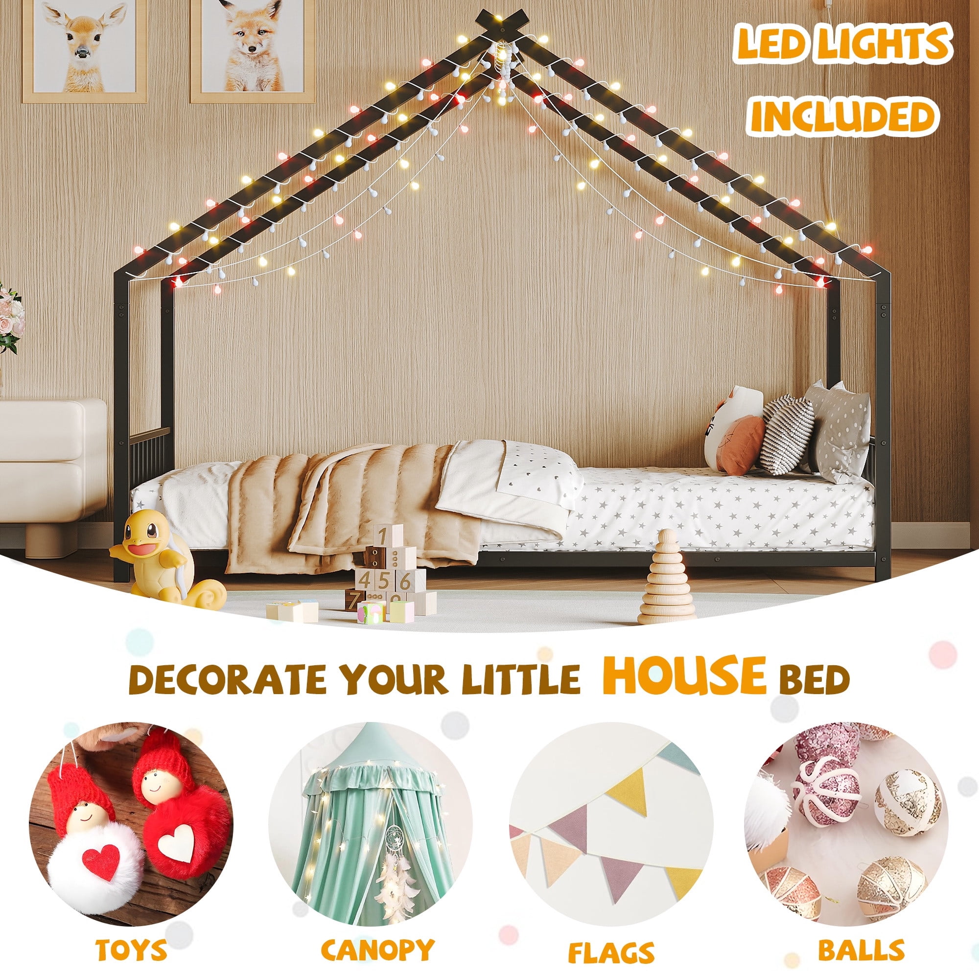 Bellemave Twin Size Metal House Bed with Roof and LED Lights Montessori House Bed with Headboard and Footboard  Floor Bed Frame with Slats (Twin, Black)