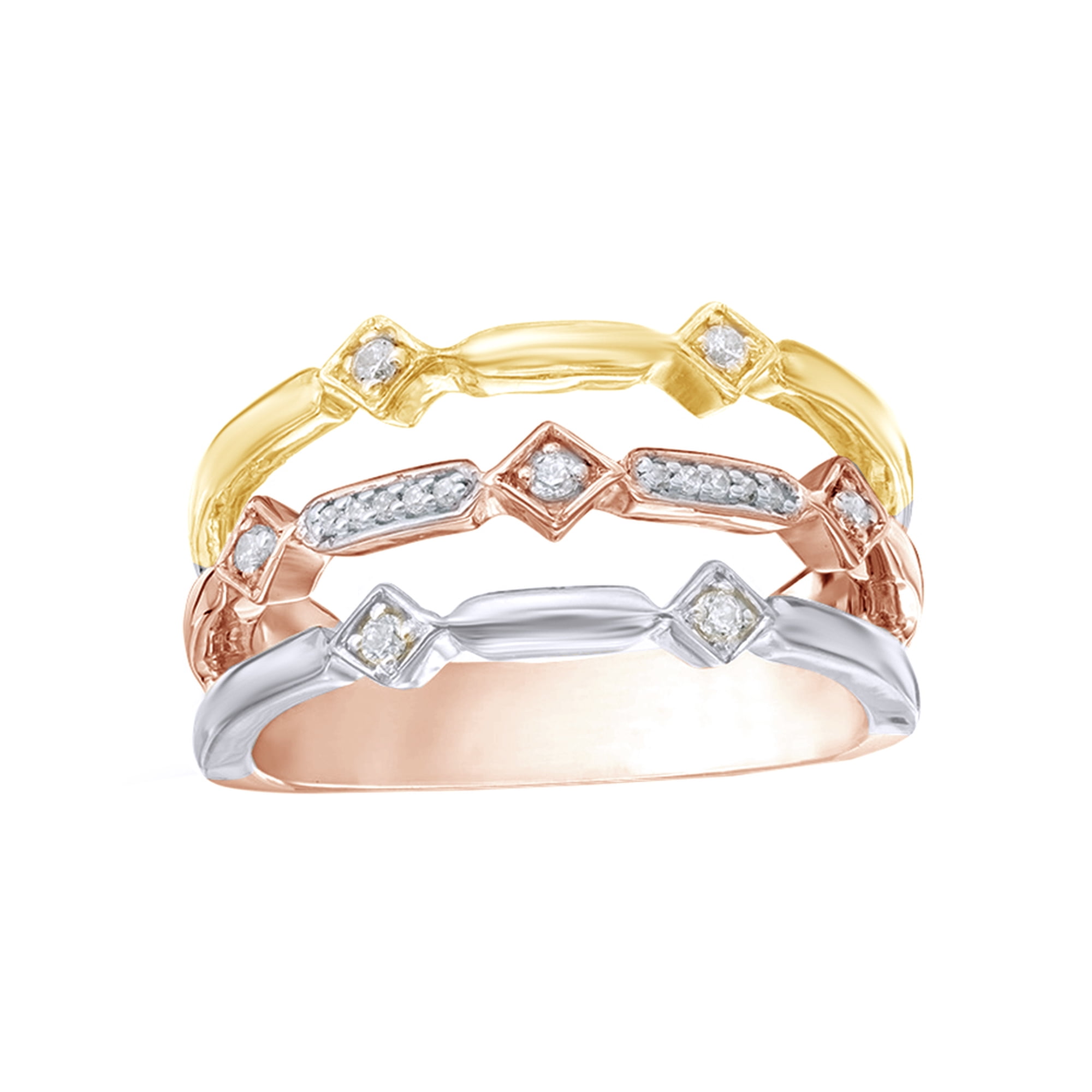 AFFY White Diamond Alternating Geometric Three Row Ring in 10k Tri-Tone Rose Gold