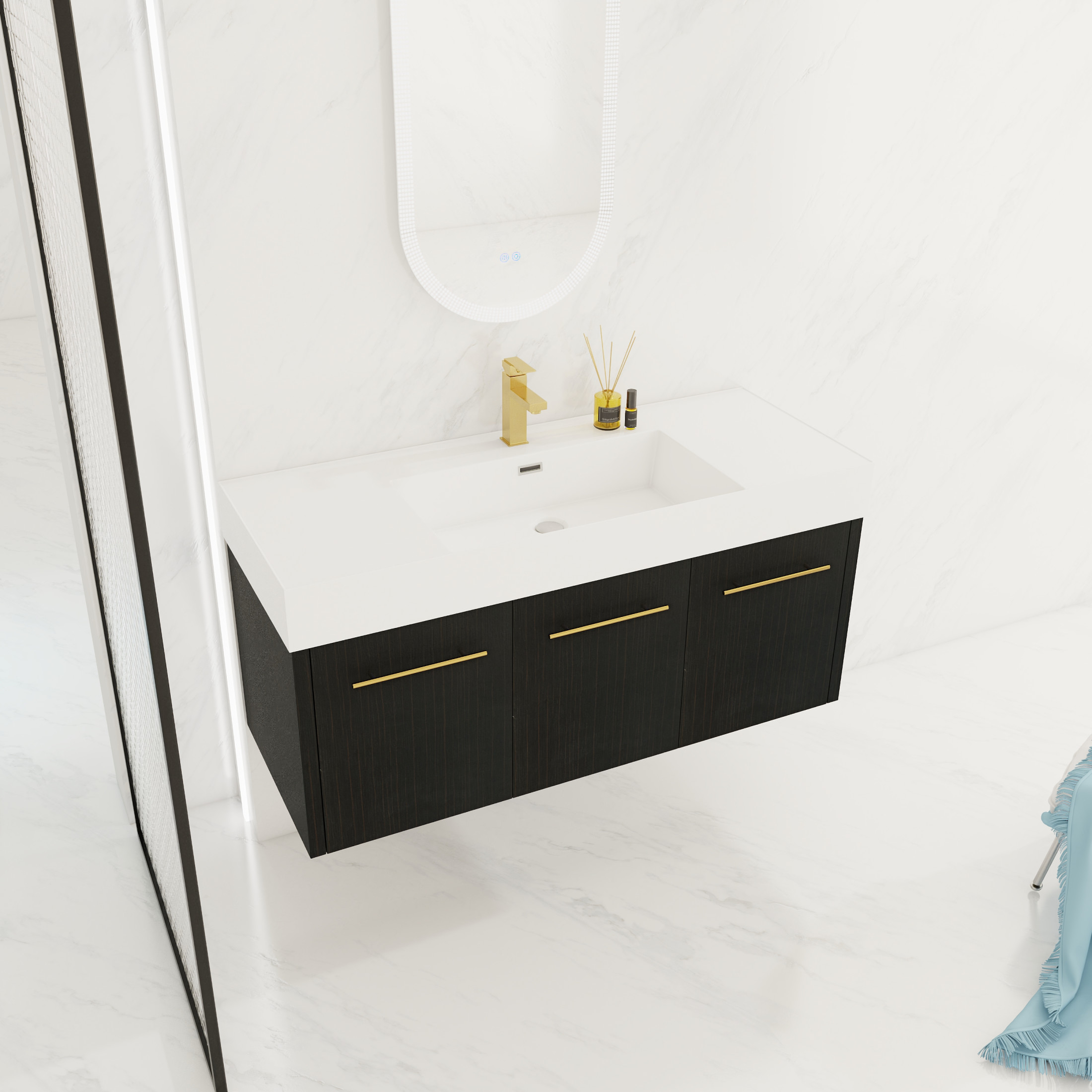 Noble House 48" Floating Wall-Mounted Bathroom Vanity with Thick-Edge Resin Sink, Soft-Close Doors, Black Chestnut