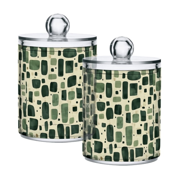 Yayeee 2 Pack Qtip Holder Bathroom Cotton Swab Canister with Lid Clear Dispenser Set, Green Geometric