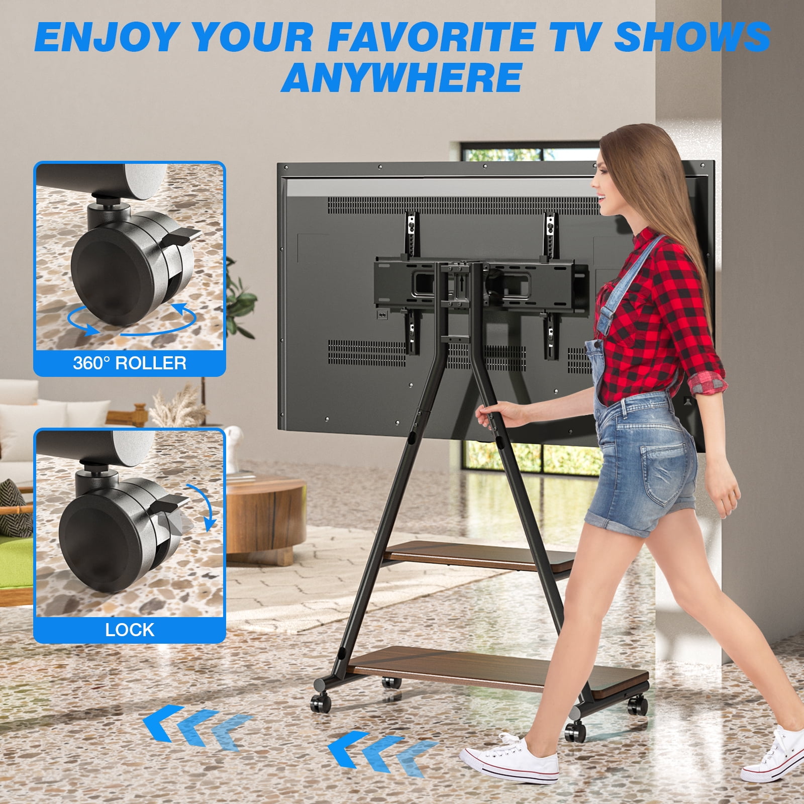 TAVR Furniture Rolling TV Stand for 43-80 inch, Portable TV Stand on Wheels with Enhanced Triangular Design up to 150lbs, Height Adjustable, Brown