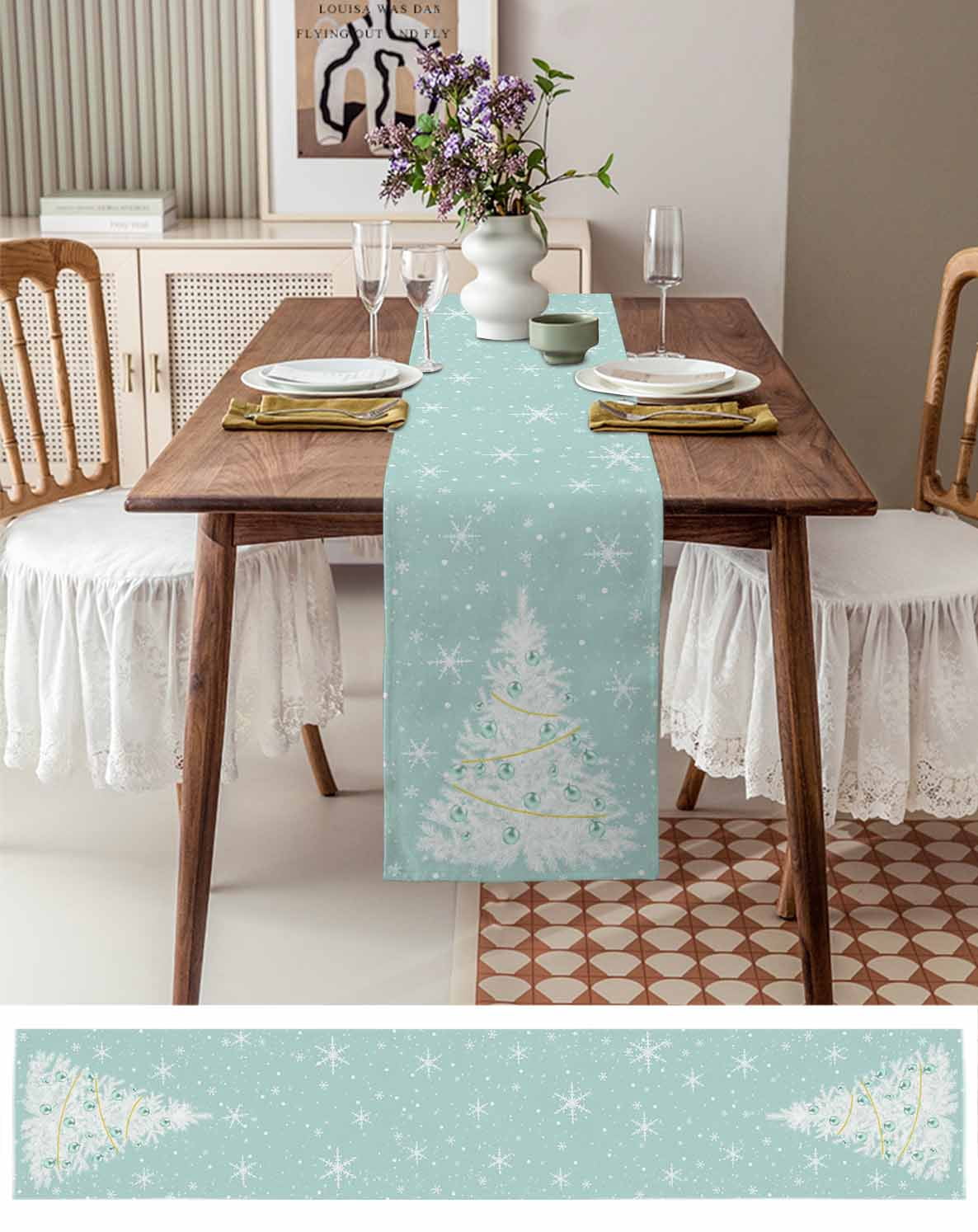 Ldtrchee Teal Green Christmas Tree Table Runner 90 Inches, Balls Snowflake Xmas Tree Bed Runner Dresser Scarves Tabletop for Indoor Outdoor Parties/Ceremony/Banquet, 13" x 90"
