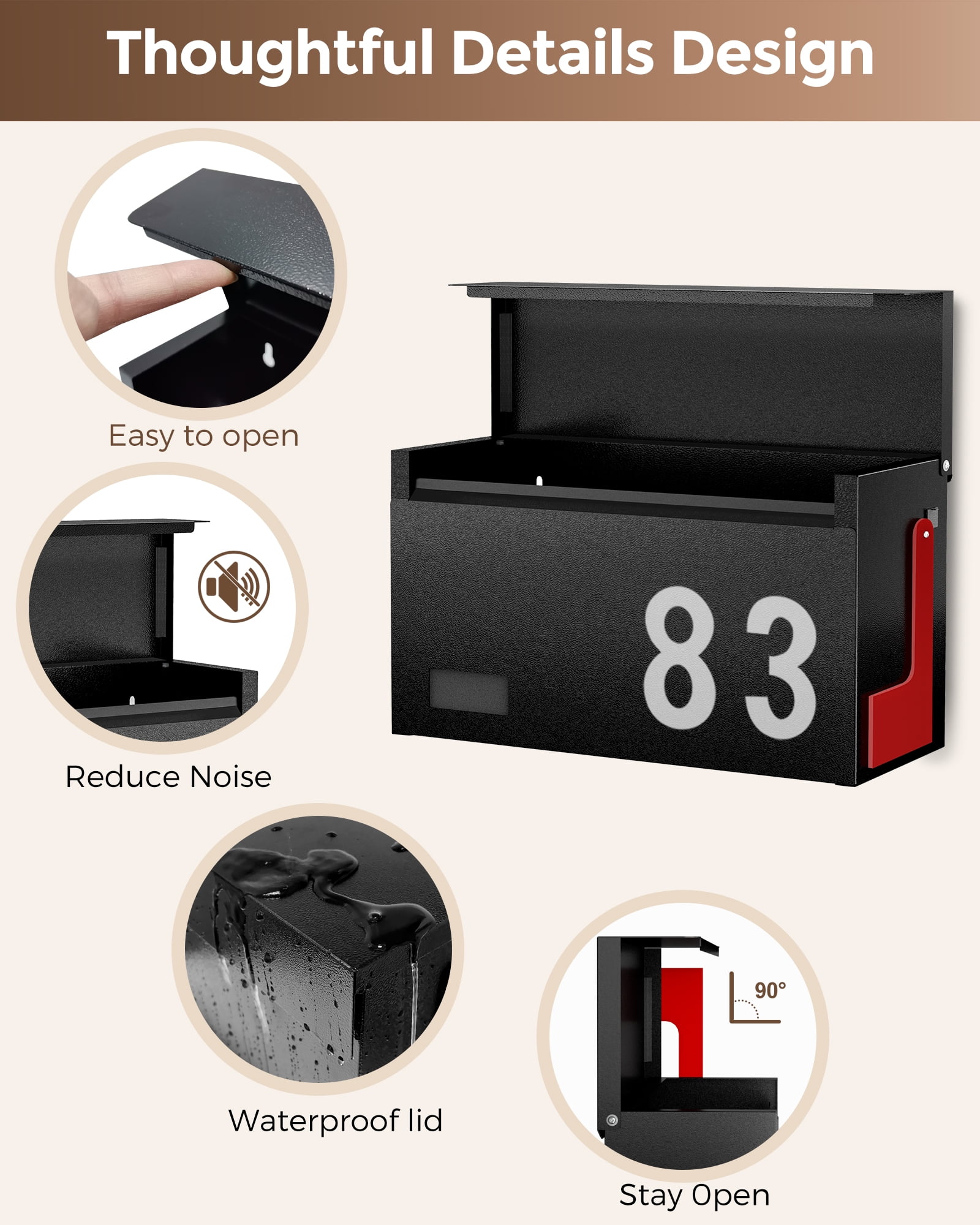 Modern Mailboxes for Outside, Metal Wall Mount Mailbox, with One Flag Kit and Three Sets of Mailbox Number Stickers, 3.9"D×13"W×7.1"H, Rust Resistant Coating Mail Boxes for House, Black AMB06B