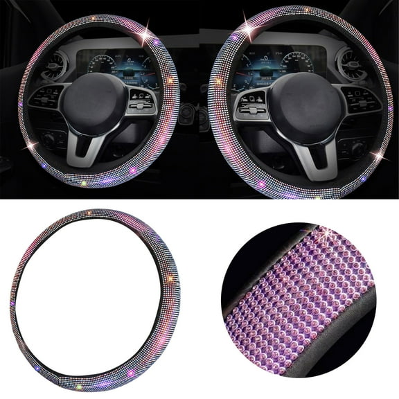 GARENAS New Diamond Leather Steering Wheel Cover with Bling Bling Rhinestones Universal Fit 15 inch Car Wheel Protector for Women Girls Diamond
