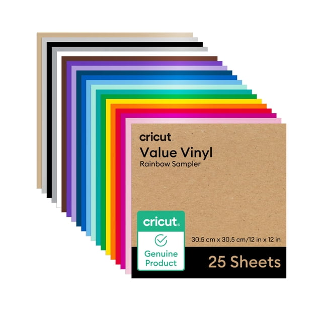 sampler permanente de vinilo cricut value rainbow de 30,5 cm x 30,5 cm paquete frontal de 25 hojas de 12 x 12 pulgadas con portada kraft y logotipo Cricut; apilado en abanico mostrando hojas multicolor (rosa, magenta, rojo, naranja, amarillo, varios verdes, menta, azul cielo, azul marino, lila, morado, marrón, blanco, gris, negro, plata y dorado).
