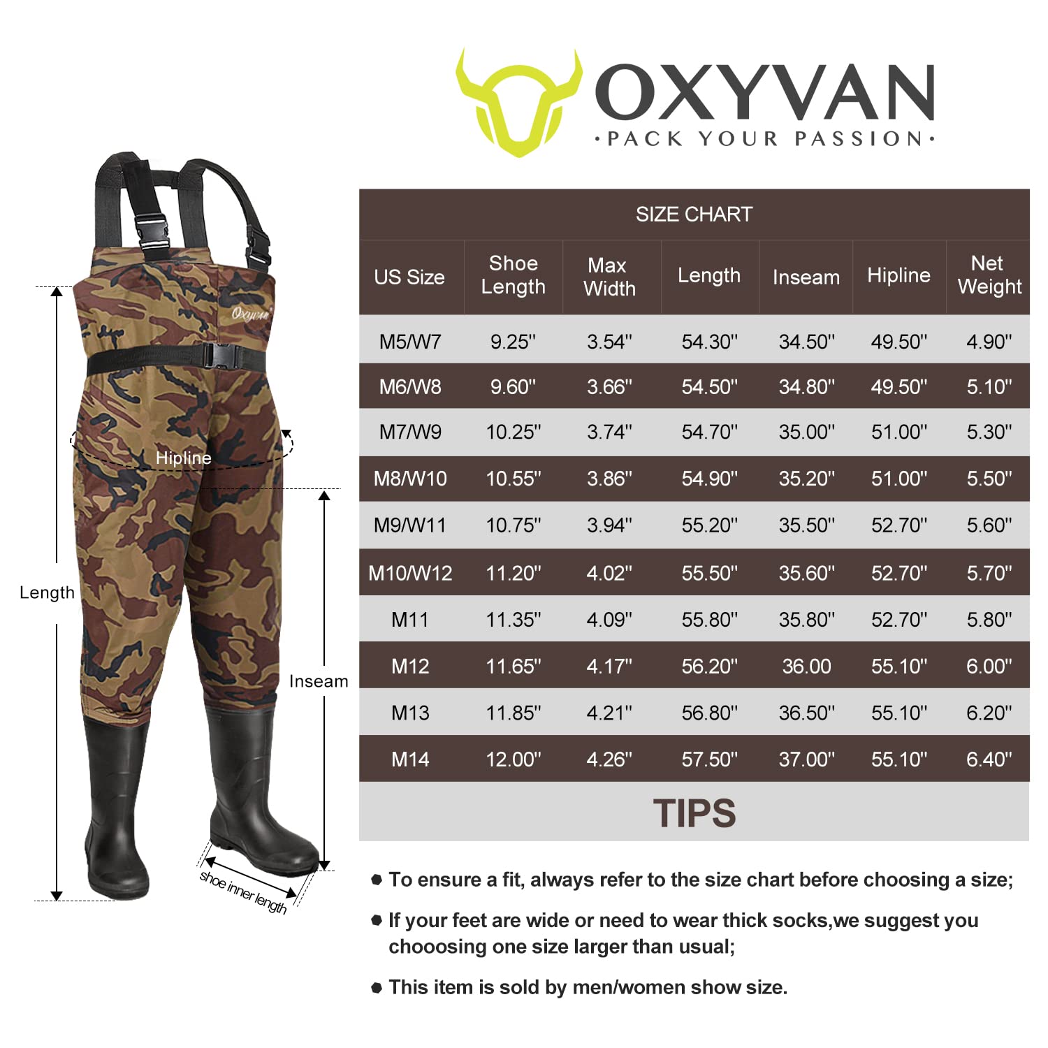 OXYVAN Waders Waterproof Lightweight Fishing Waders with Boots Bootfoot  Hunting Chest Waders for Men Women (M11/W13, Brown) : : Shoes &  Handbags