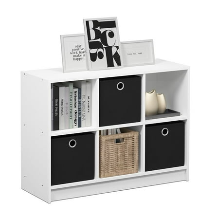 Furinno Basic 6 Cube Storage Organizer Bookcase with Bins, White/Black