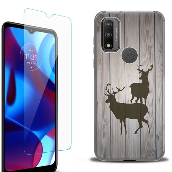 Slim-Fit Protective Phone Case (Black) compatible with Motorola Moto G Pure 5G, with Tempered Glass Screen Protector, by OneToughShield ® - Wood/Deer