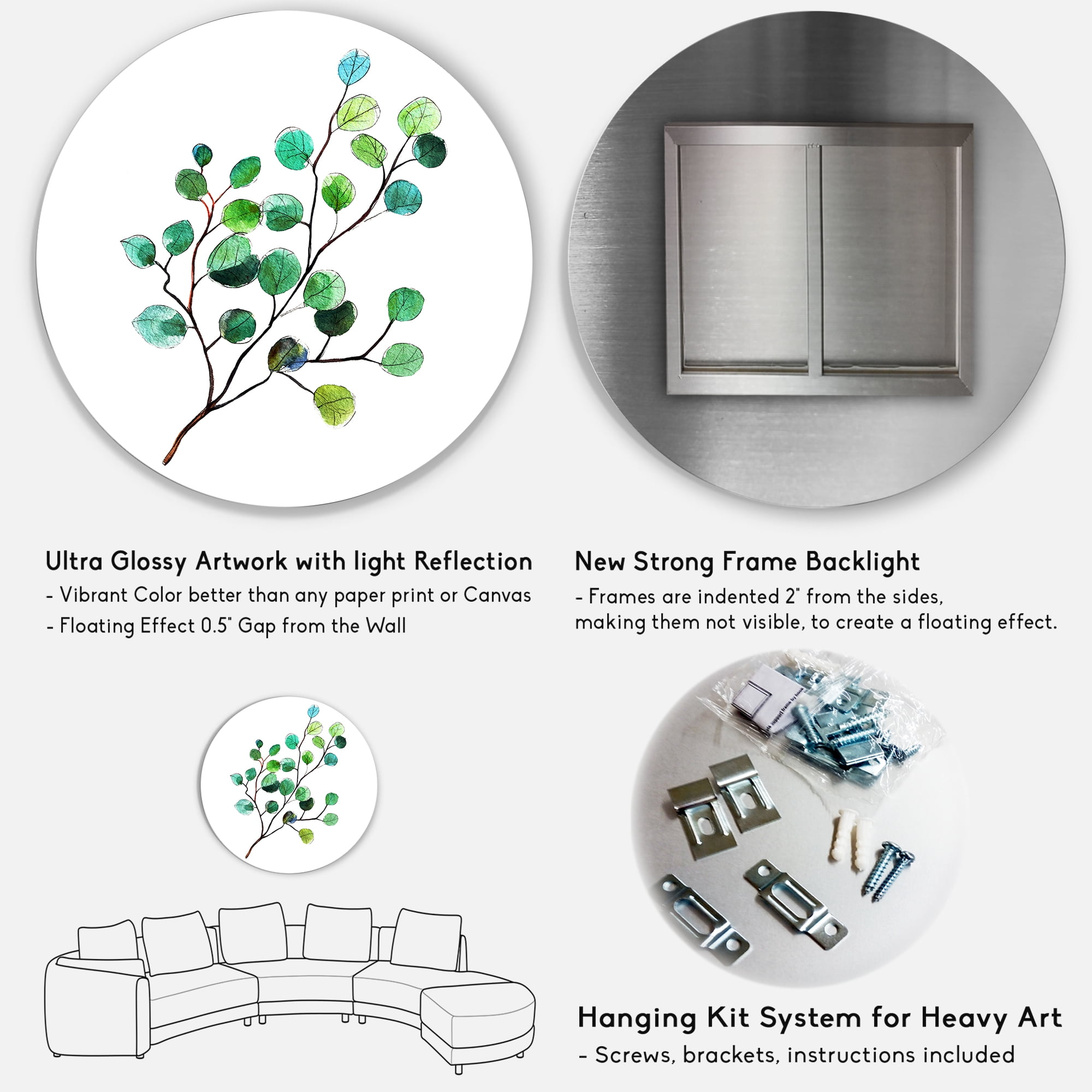 Designart 'Young Eucalyptus Branches and Leaves IV' Traditional Circle Metal Wall Art 23x23 - Disc of 23