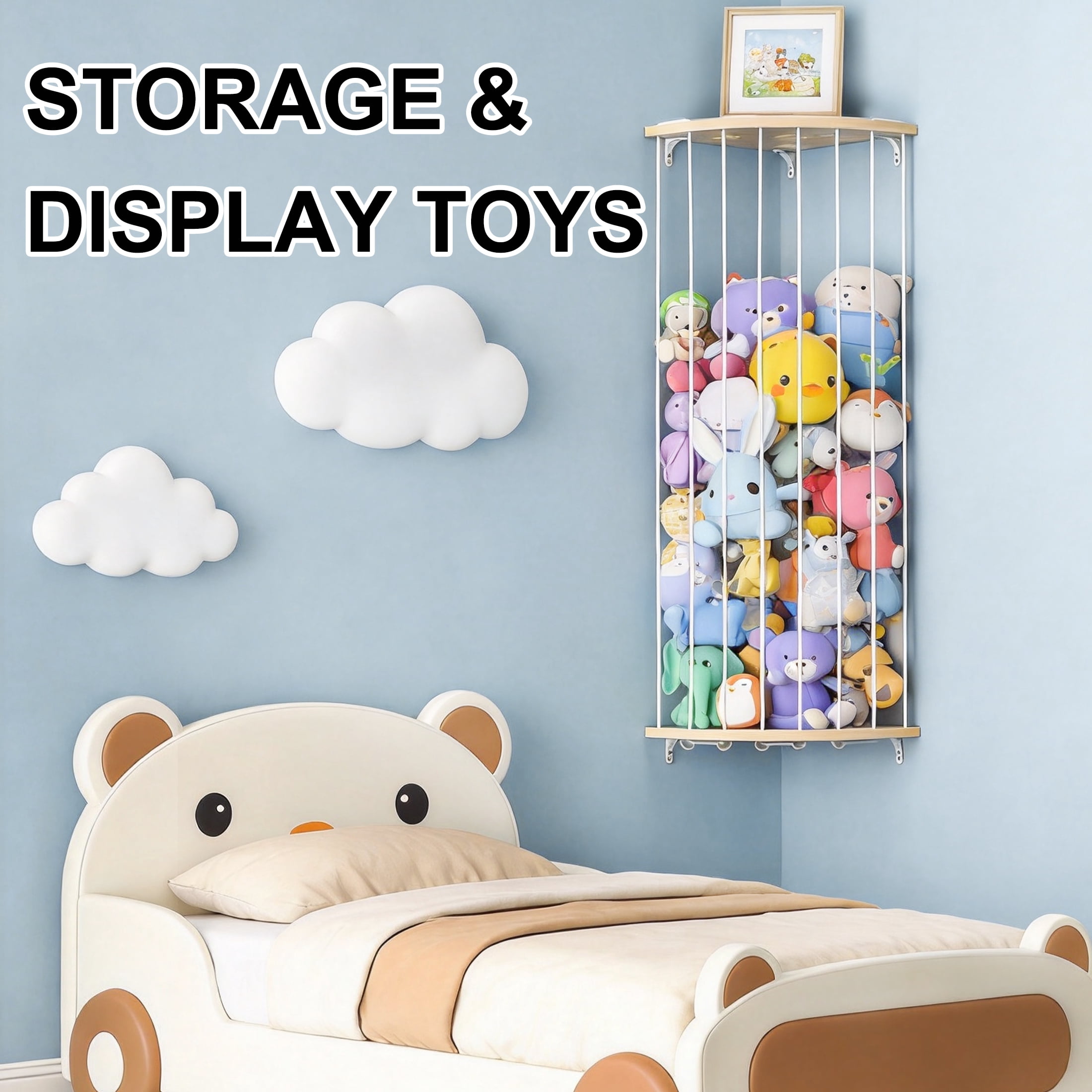 GARITIN Corner Stuffed Animal Storage, Adjustable Plush Toy Holder for Kids Bedroom Playroom Nursery