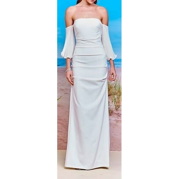 Nicole Miller Artelier WHITE Techy Crepe Pleated Sleeve Ruched Gown, US 6